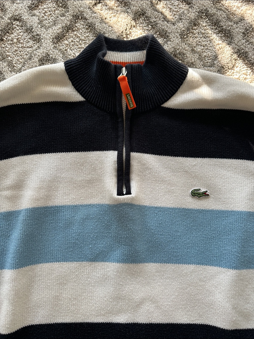 Lacoste Men’s Navy, White & Light Blue Striped Half-Zip Sweater